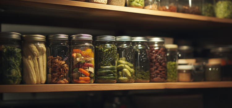 Food stored in Mason jars on shelves in a pantry illustrates the history of food preservation