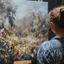 A girl looking at a painting on an easel to draw artistic inspiration from