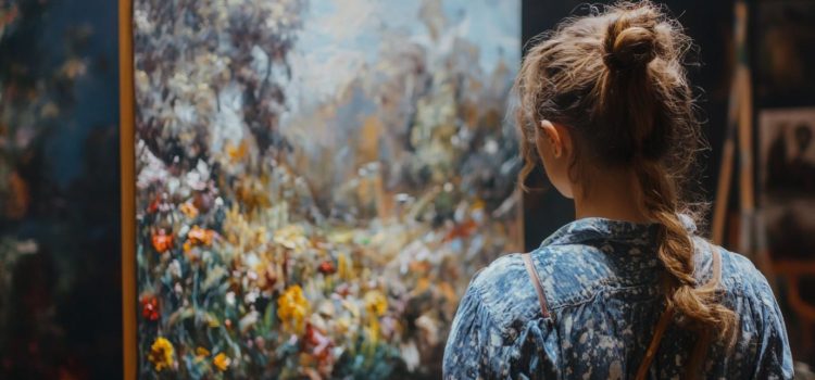 A girl looking at a painting on an easel to draw artistic inspiration from