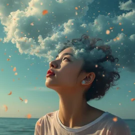 A girl with clouds and colorful confetti around her head illustrates how to upgrade your mind