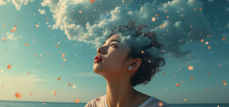 A girl with clouds and colorful confetti around her head illustrates how to upgrade your mind