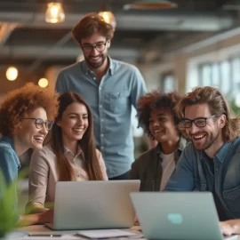 People in an open workspace celebrate completing a project illustrates post-project activities