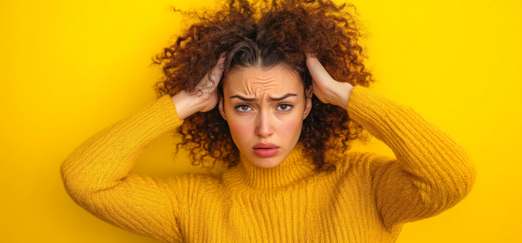 A woman holding her head from the internal distractions