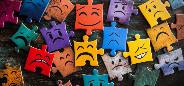 A jigsaw puzzle of various feelings and facial expressions illustrates how emotions are created