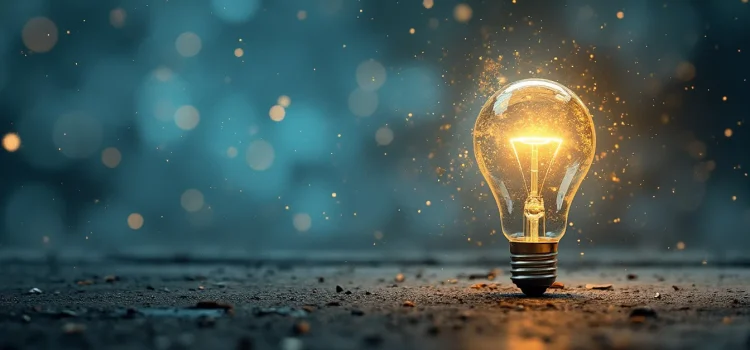 A upright light bulb resting on the floor with sparkles around it illustrates how to turn ideas into reality