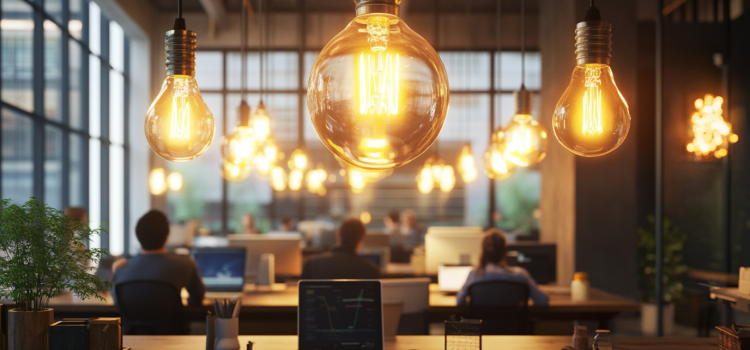 Many lightbulbs in an open workspace illustrates organizational insight
