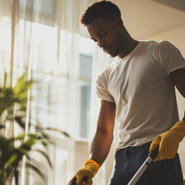 A man showing what being productive means by cleaning his home