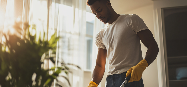 Un hombre demuestra lo que significa ser productivo limpiando su casa