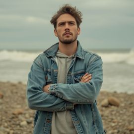 A man on a beach with his arms folded and a questioning expression depicts the importance of examining your belief system