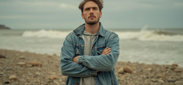 Un hombre en la playa con los brazos cruzados y expresión interrogante representa la importancia de examinar tu sistema de creencias