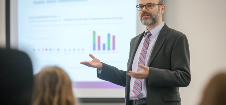A bald man with eyeglasses giving a presentation with a simple graph on a screen illustrates how to present data visually