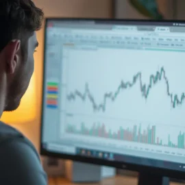 A man looking at graphs on a desktop computer screen illustrates data storytelling basics