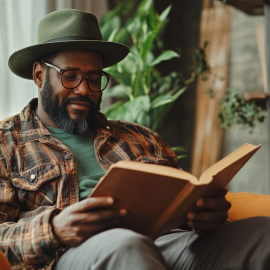 A man wearing hipster clothing reading a book