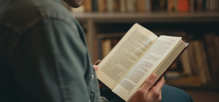 Um homem lendo um livro com uma estante de livros ao fundo