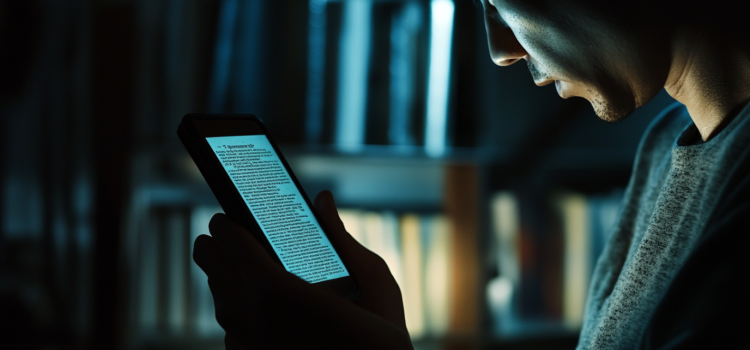 A man reading a book on a mobile phone at nighttime with a bookshelf in the background illustrates reading in the digital age
