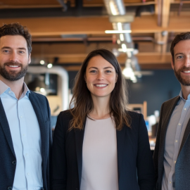 Three smiling professionals--two men and one woman--in an open workspace illustrates the neuroscience of success