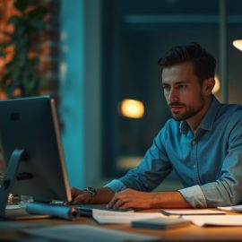 A businessman working late at night at a computer illustrates the reality of entrepreneurship