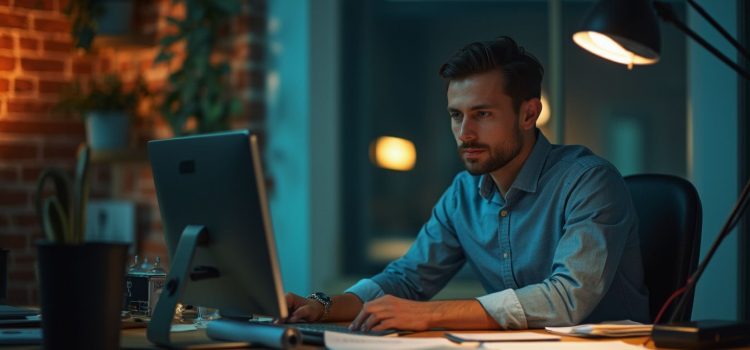 A businessman working late at night at a computer illustrates the reality of entrepreneurship
