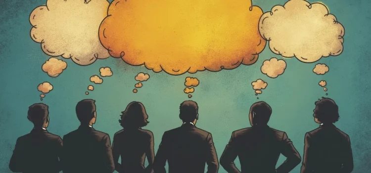 A drawing of six professional people, seen from behind, with thought bubbles over their heads illustrates business ideation