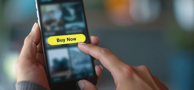 A person clicking the "Buy Now" button on the screen of a phone illustrates how to convert leads into sales