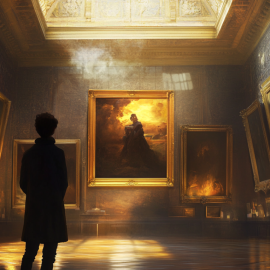 A person standing in a museum looking at paintings trying to find creative inspiration