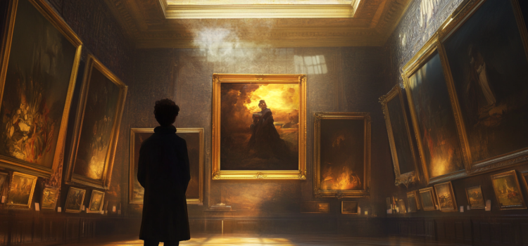 A person standing in a museum looking at paintings trying to find creative inspiration