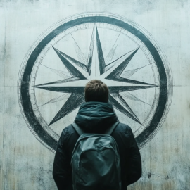 A man wearing a backpack looking at a freedom compass on a wall