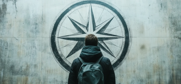 A man wearing a backpack looking at a freedom compass on a wall
