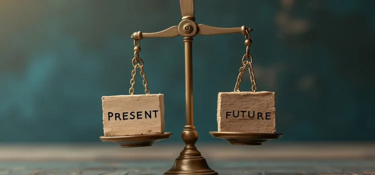 A scale with "PRESENT" and "FUTURE" balanced illustrates how to be content with the present and excited about the future