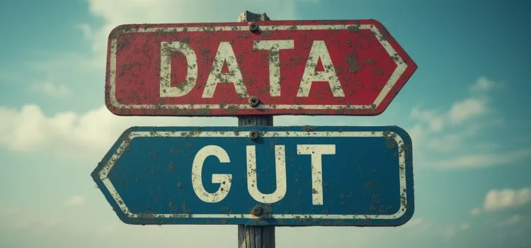 A crossroads with one road sign pointing to "DATA" and the other pointing to "GUT" illustrates data-based decision-making