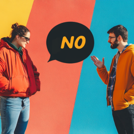 A woman saying no to a man in front of a colorful background