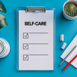 A daily self-care checklist next to pens and a drink on a blue background
