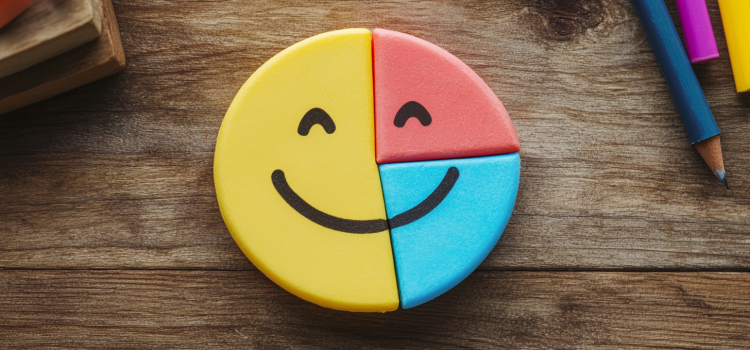A smiley-face pie chart illustrates happiness data