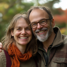 A smiling middle-aged couple (a man with his arm around a woman) illustrates how to be successful in love