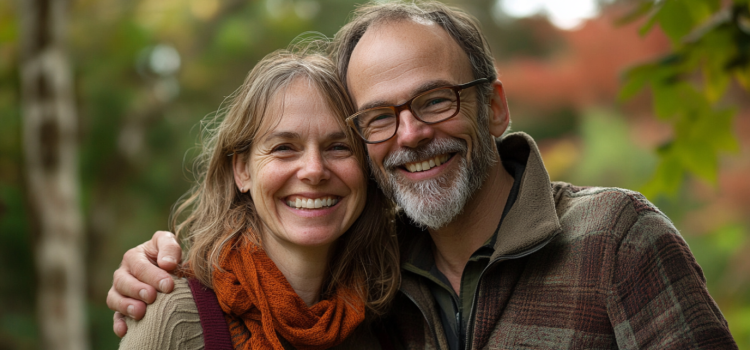A smiling middle-aged couple (a man with his arm around a woman) illustrates how to be successful in love