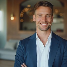 A smiling professional man in a blue suit jacket and white shirt illustrates the link between testosterone and success