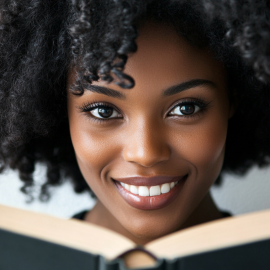 A woman with curly hair smiling and holding an open book