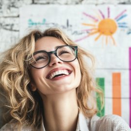 A smiling woman standing in front of an increasing bar chart illustrates business growth methods