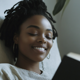 A smiling woman with eyes closed holding an open book