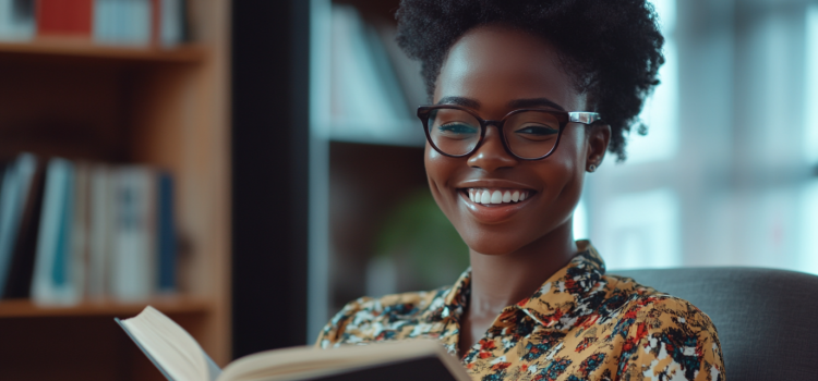 A smiling woman holding an open book with bookshelves and a window in the background