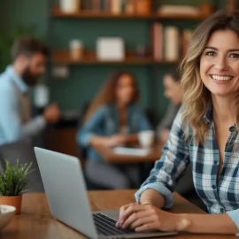 A smiling woman working on a laptop illustrates how to make a business more efficient