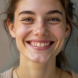 A close-up image of a smiling young woman with curly brown hair swooped up illustrates happiness skills