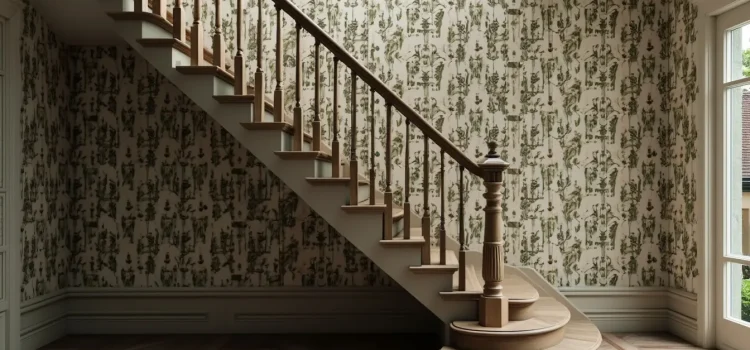 A staircase in an old house that has wallpaper on the walls illustrates dangers in the home
