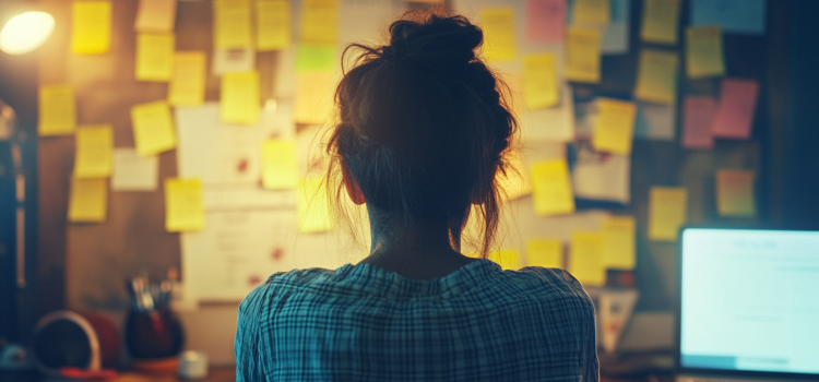 A woman looking at a wall of sticky notes to create a productivity matrix template