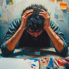 A stressed out artist leaning on his art table with his head in his hands because creative success is stressful