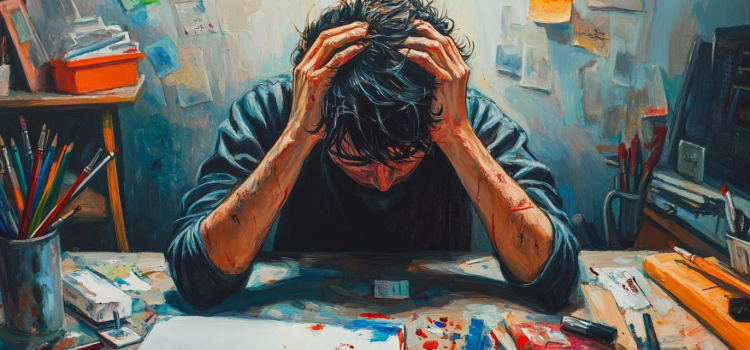 A stressed out artist leaning on his art table with his head in his hands because creative success is stressful