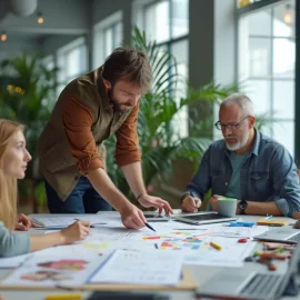 A team meeting around a table with laptops and documents illustrates how to plan a project