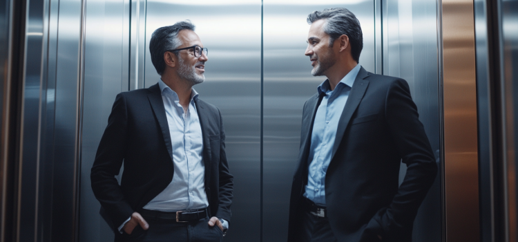 Two professional men talking in an elevator illustrate distilling data in a way that communicates the main points succinctly