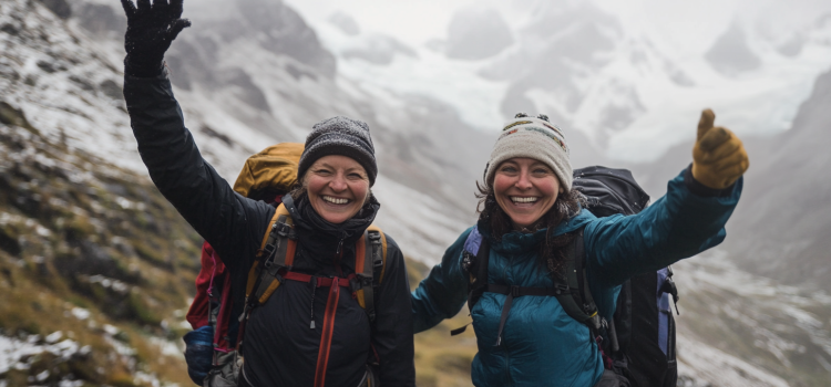Two smiling women backpacking in the mountains illustrates happiness activities