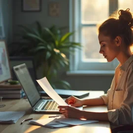 A woman looking at a document at a desk in an office illustrates how to evaluate a business model